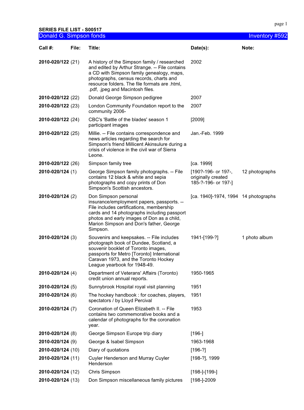 Donald G. Simpson Fonds Inventory #592