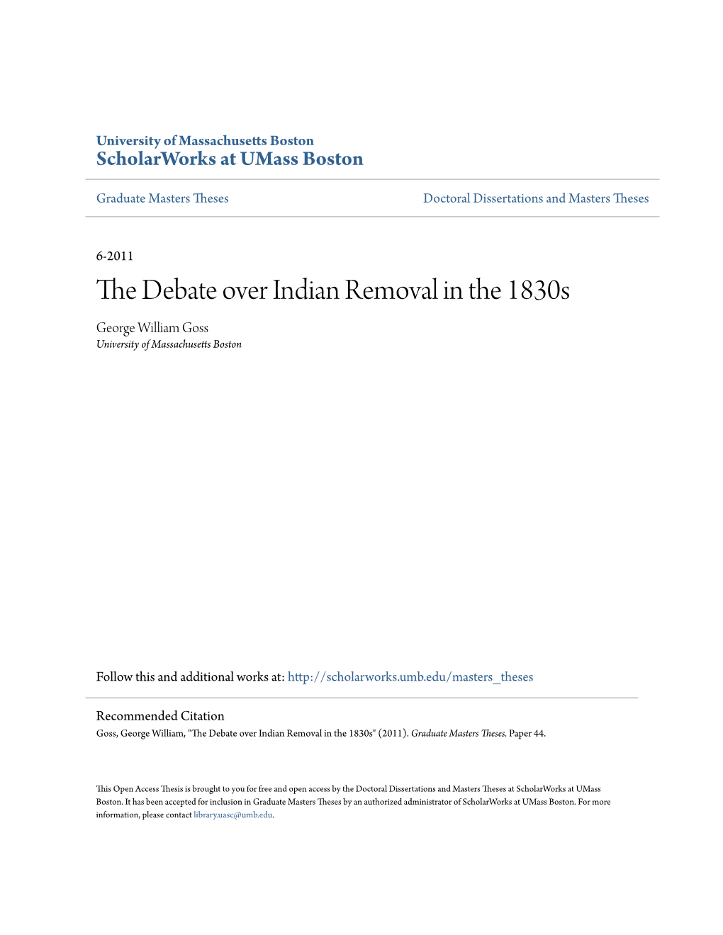 THE DEBATE OVER INDIAN REMOVAL in the 1830S
