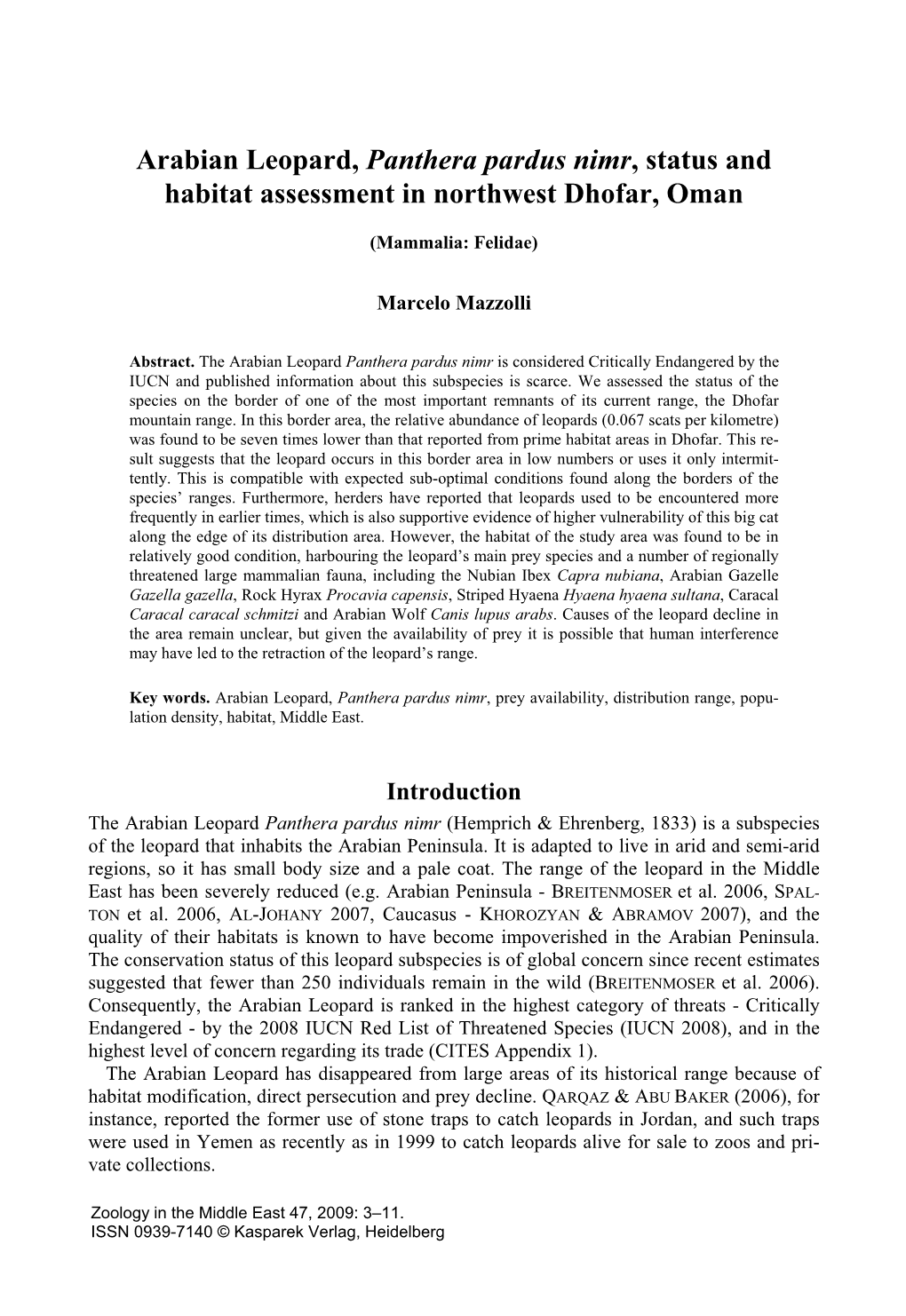 Arabian Leopard, Panthera Pardus Nimr, Status and Habitat Assessment in Northwest Dhofar, Oman