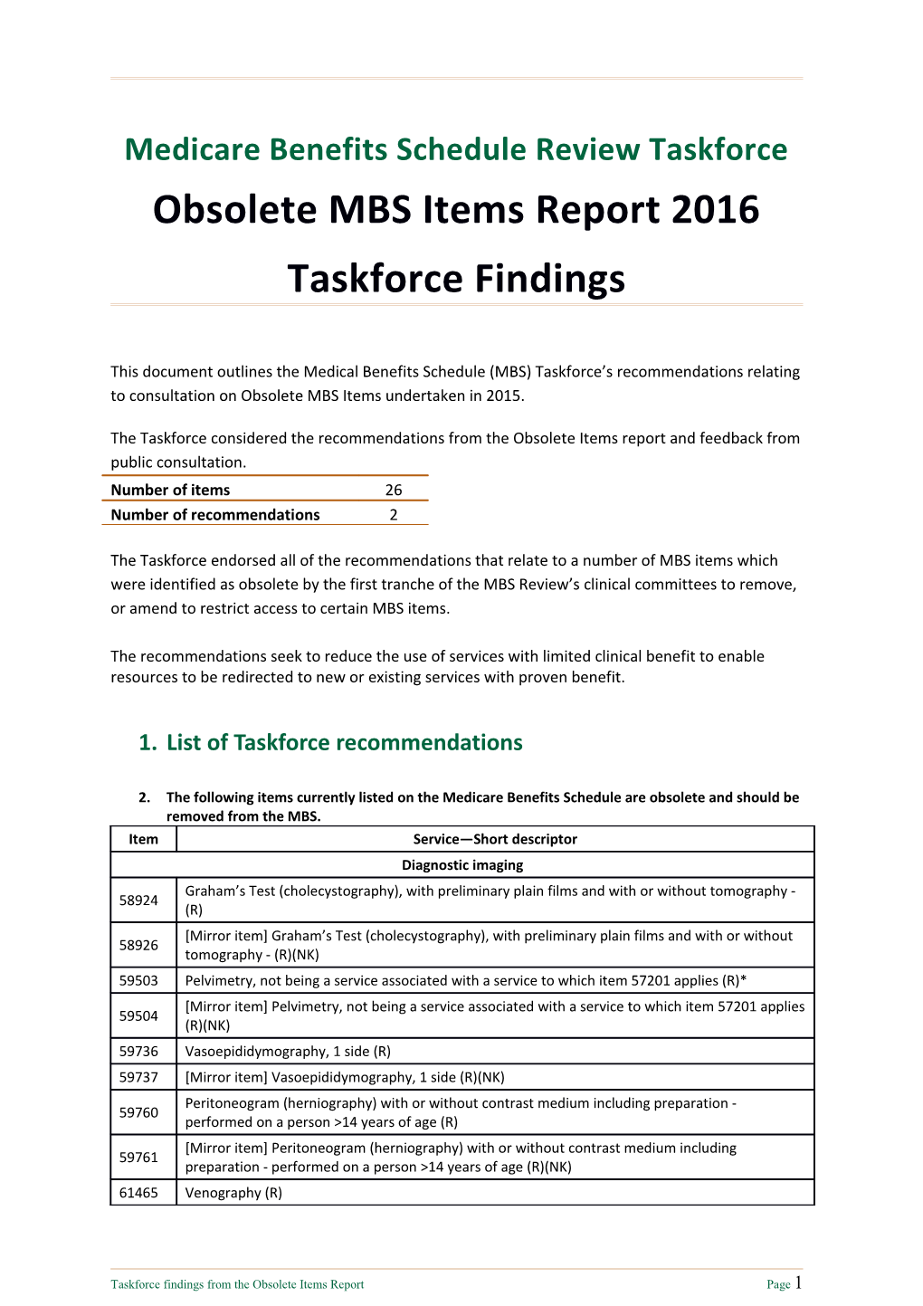 Obsolete MBS Items Report Taskforce Findings