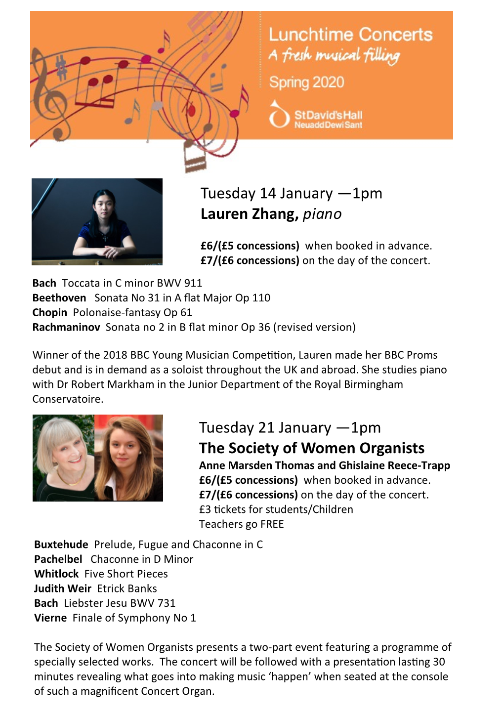 Tuesday 21 January —1Pm the Society of Women Organists Anne Marsden Thomas and Ghislaine Reece-Trapp £6/(£5 Concessions) When Booked in Advance