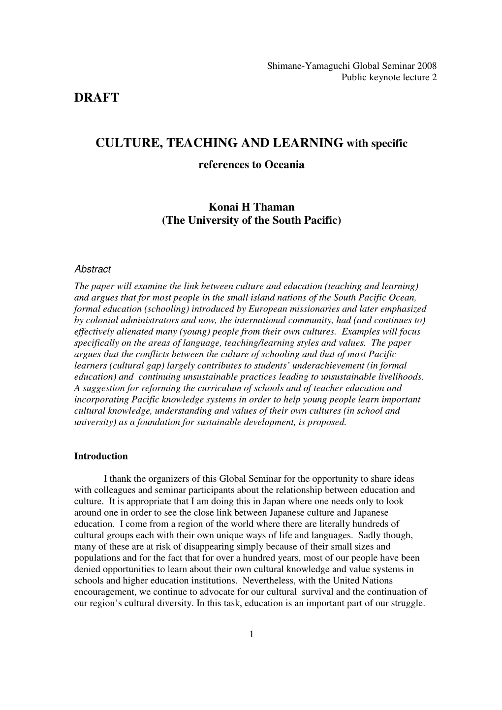 DRAFT CULTURE, TEACHING and LEARNING with Specific