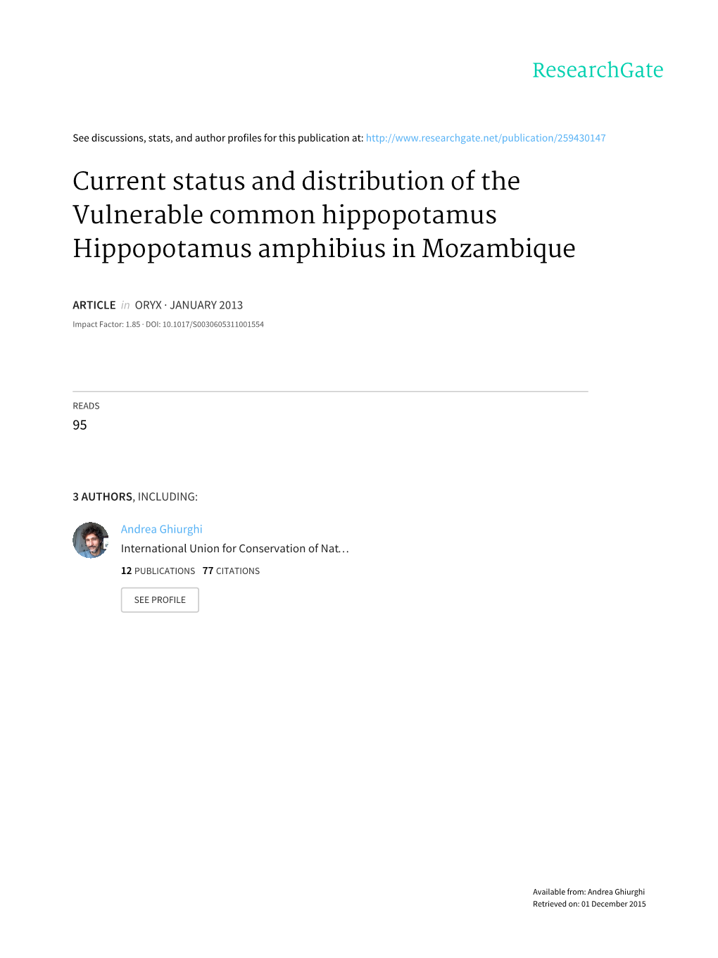 Current Status and Distribution of the Vulnerable Common Hippopotamus Hippopotamus Amphibius in Mozambique