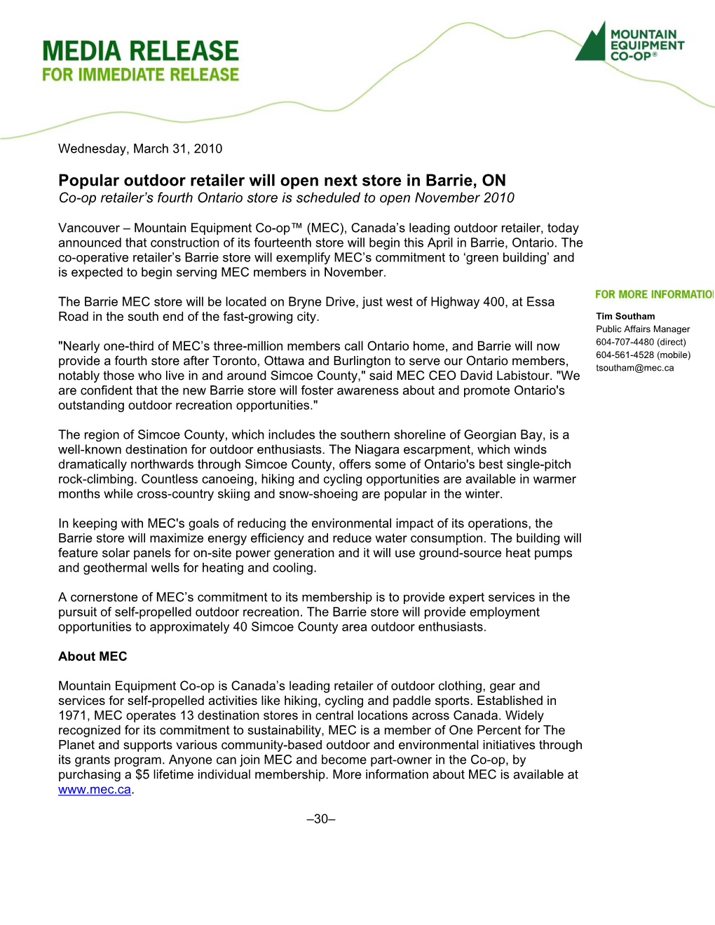 Popular Outdoor Retailer Will Open Next Store in Barrie, on Co-Op Retailer’S Fourth Ontario Store Is Scheduled to Open November 2010