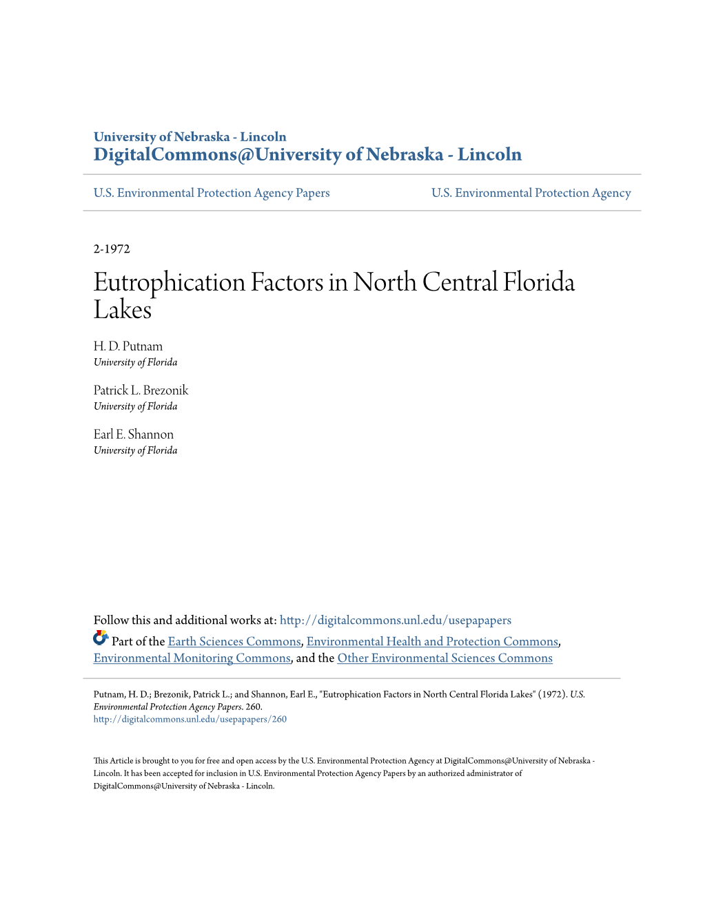 Eutrophication Factors in North Central Florida Lakes H