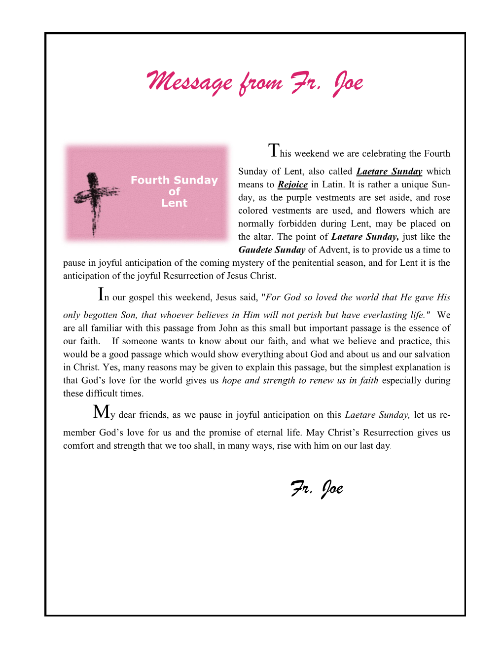 Message from Fr. Joe for 4Th Sunday of Lent