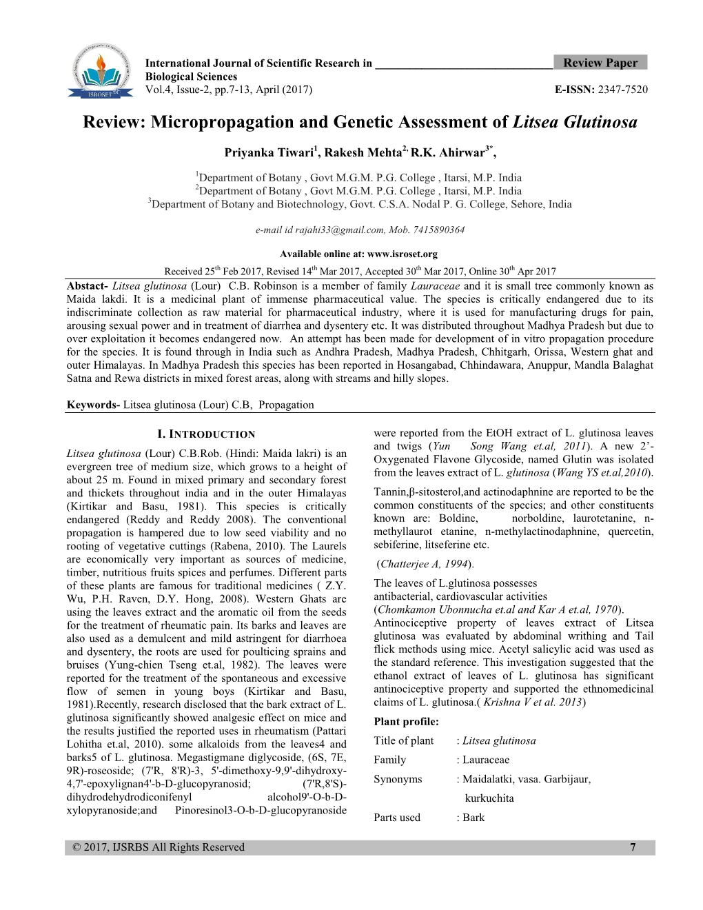 Micropropagation and Genetic Assessment of Litsea Glutinosa