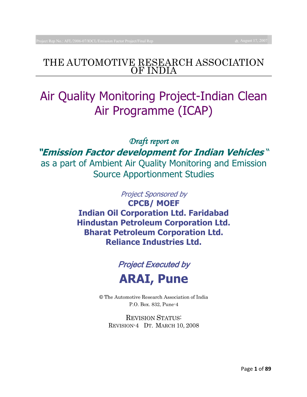 Report on Emission Factor Development for Indian Vehicles