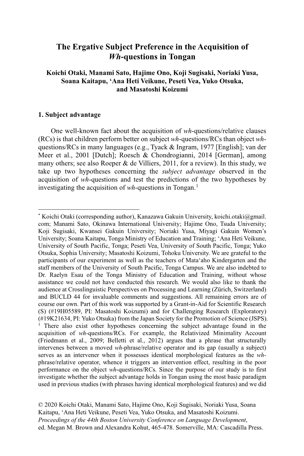 The Ergative Subject Preference in the Acquisition of Wh-Questions in Tongan