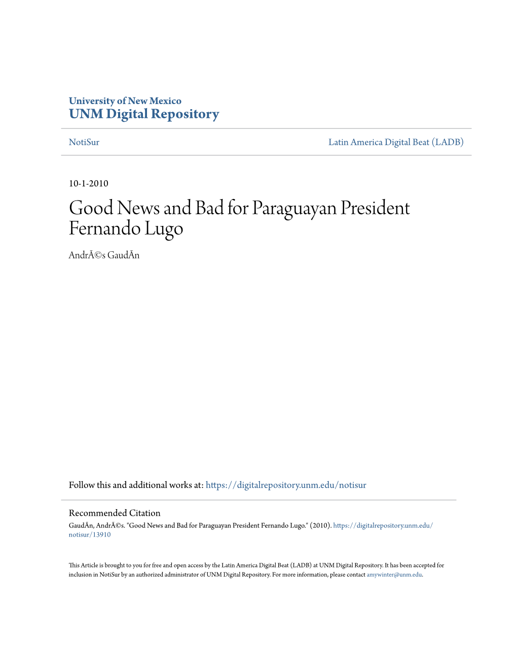 Good News and Bad for Paraguayan President Fernando Lugo Andrã©S Gaudãn