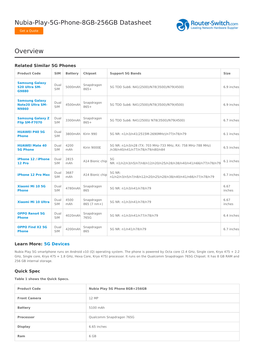 Nubia-Play-5G-Phone-8GB-256GB Datasheet Overview