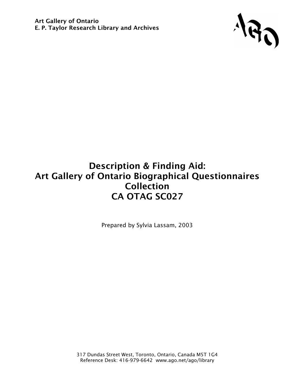 Description & Finding Aid: Art Gallery of Ontario Biographical