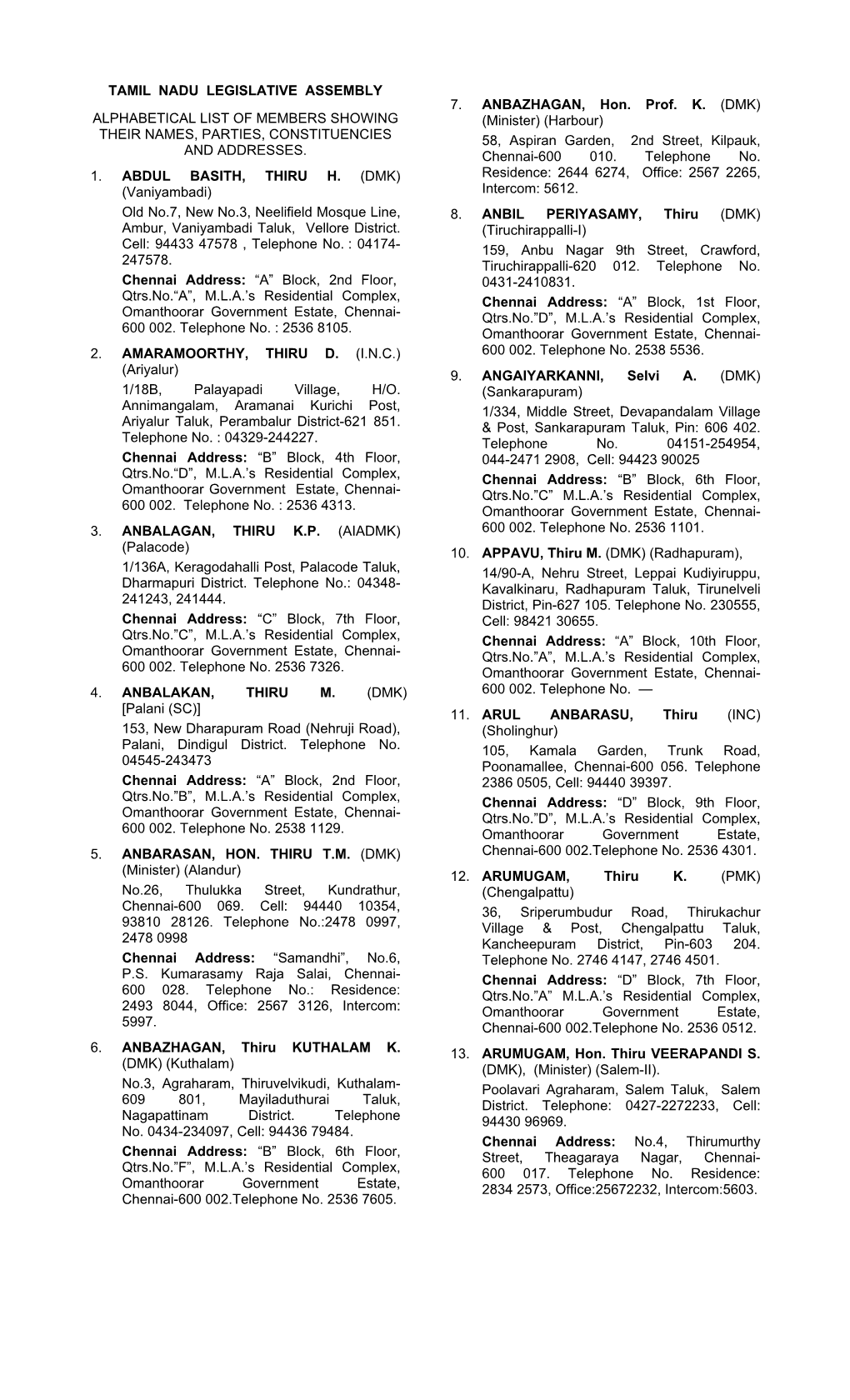 Tamil Nadu Legislative Assembly Alphabetical List Of