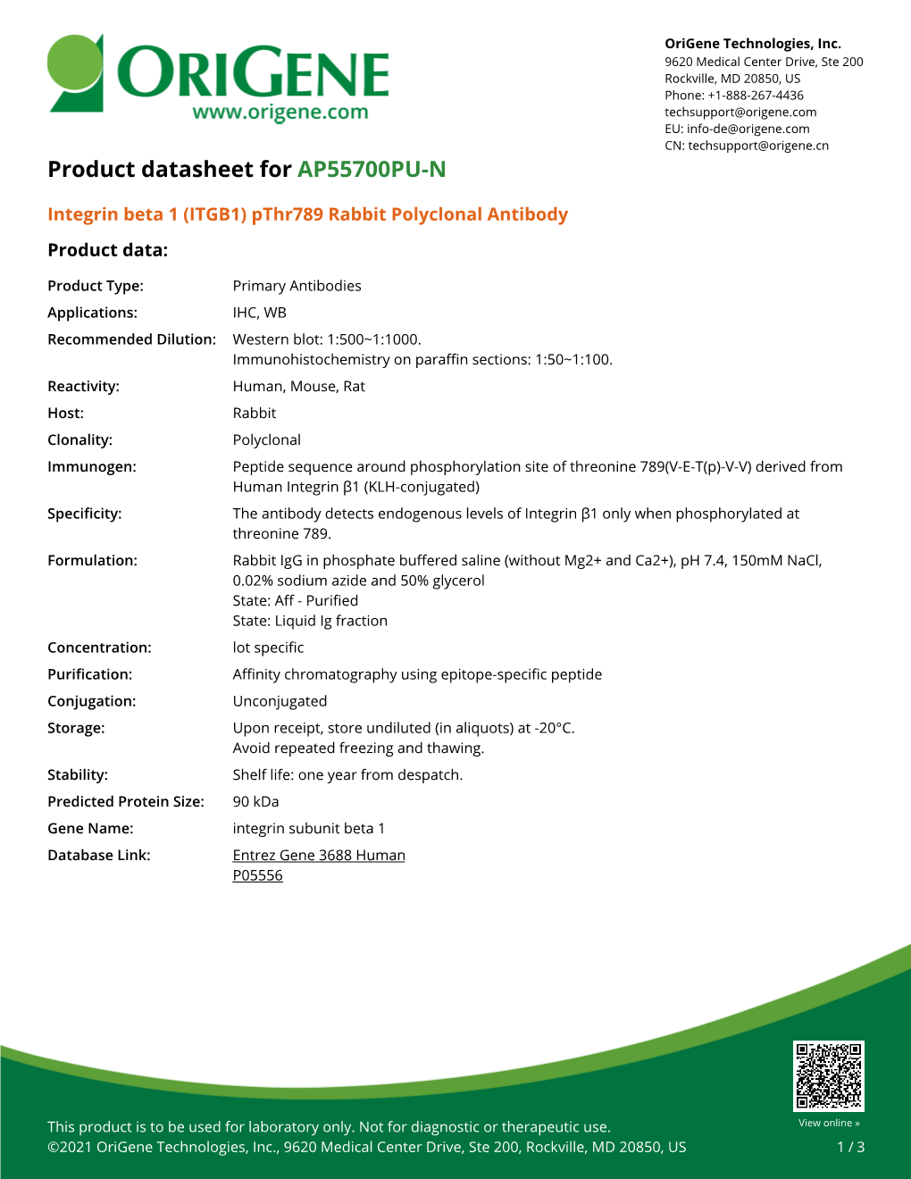 Integrin Beta 1 (ITGB1) Pthr789 Rabbit Polyclonal Antibody Product Data