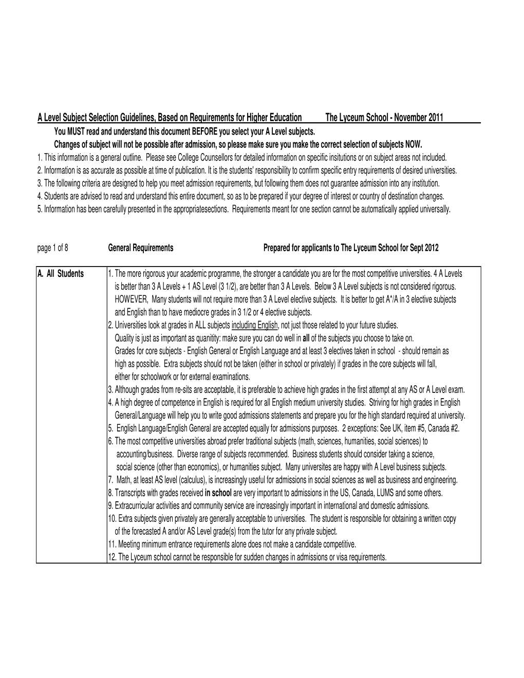 Requirements for Higher Education the Lyceum School - November 2011 You MUST Read and Understand This Document BEFORE You Select Your a Level Subjects