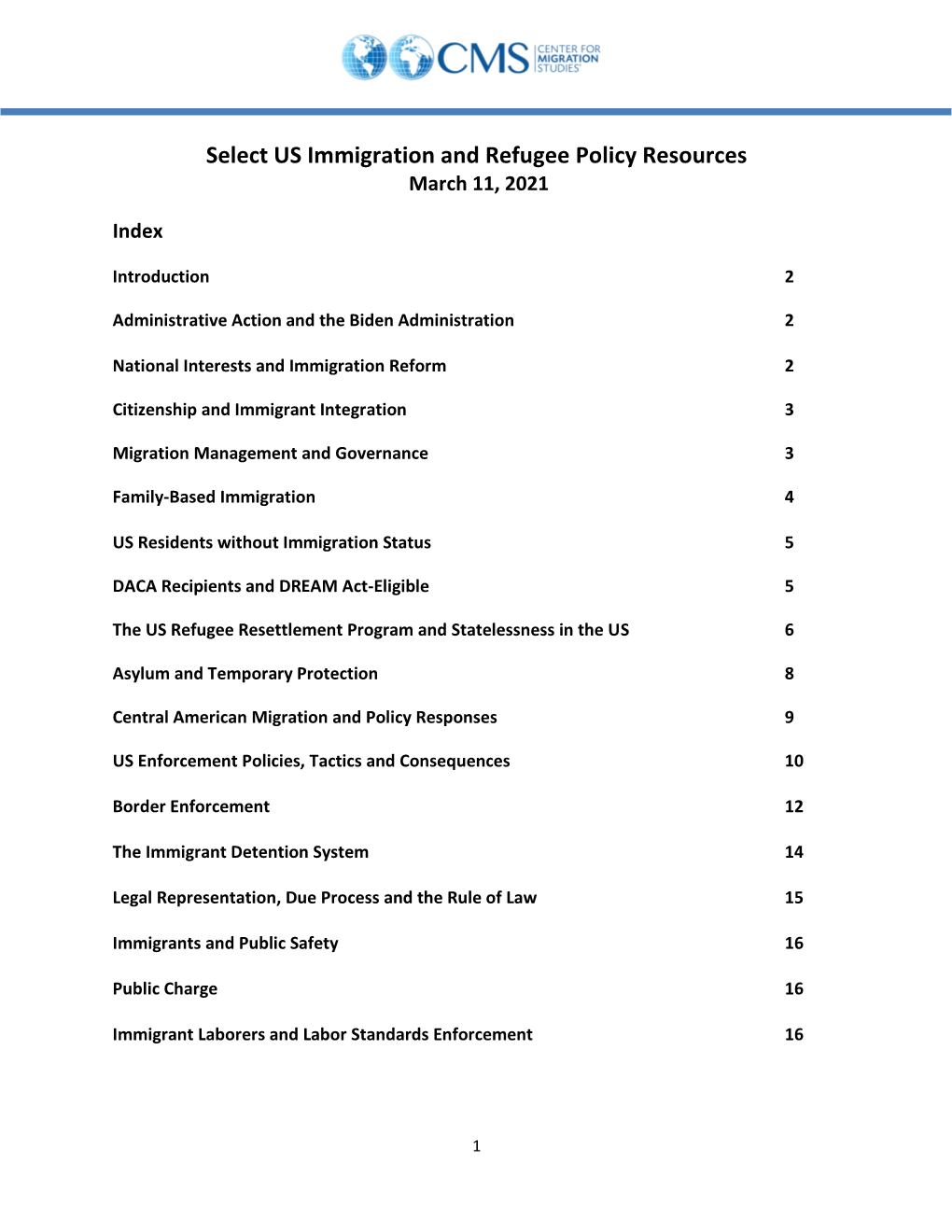 Select US Immigration and Refugee Policy Resources March 11, 2021