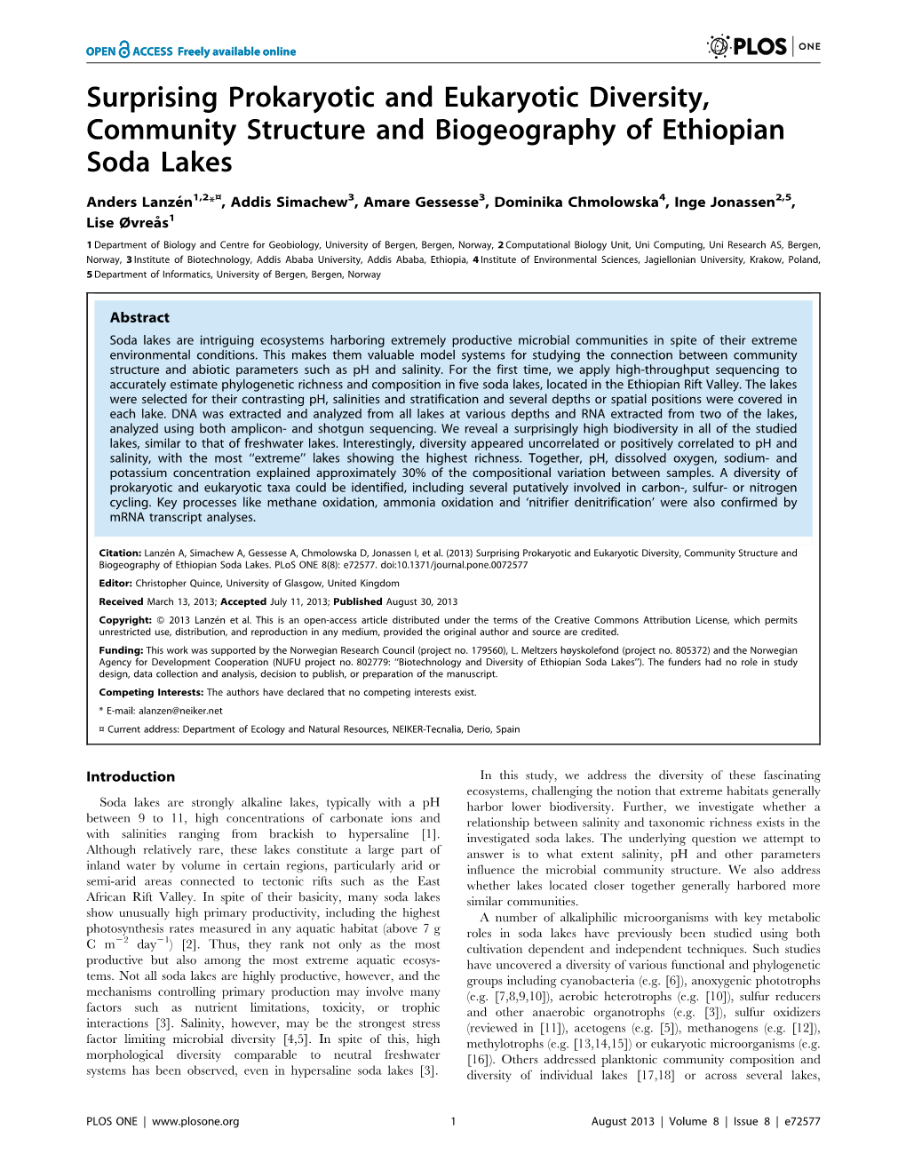 Surprising Prokaryotic and Eukaryotic Diversity, Community Structure and Biogeography of Ethiopian Soda Lakes