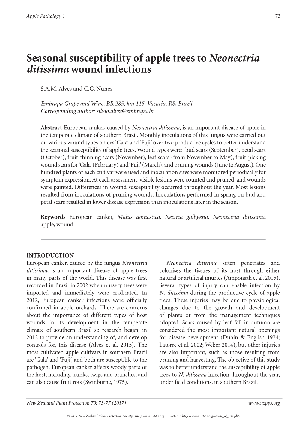 Seasonal Susceptibility of Apple Trees to Neonectria Ditissima Wound Infections