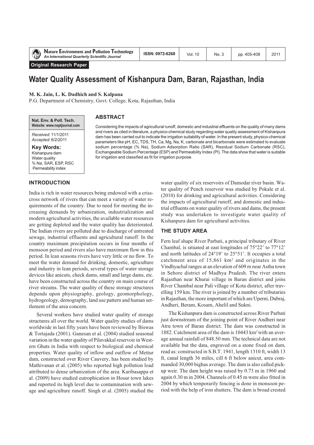 Water Quality Assessment of Kishanpura Dam, Baran, Rajasthan, India