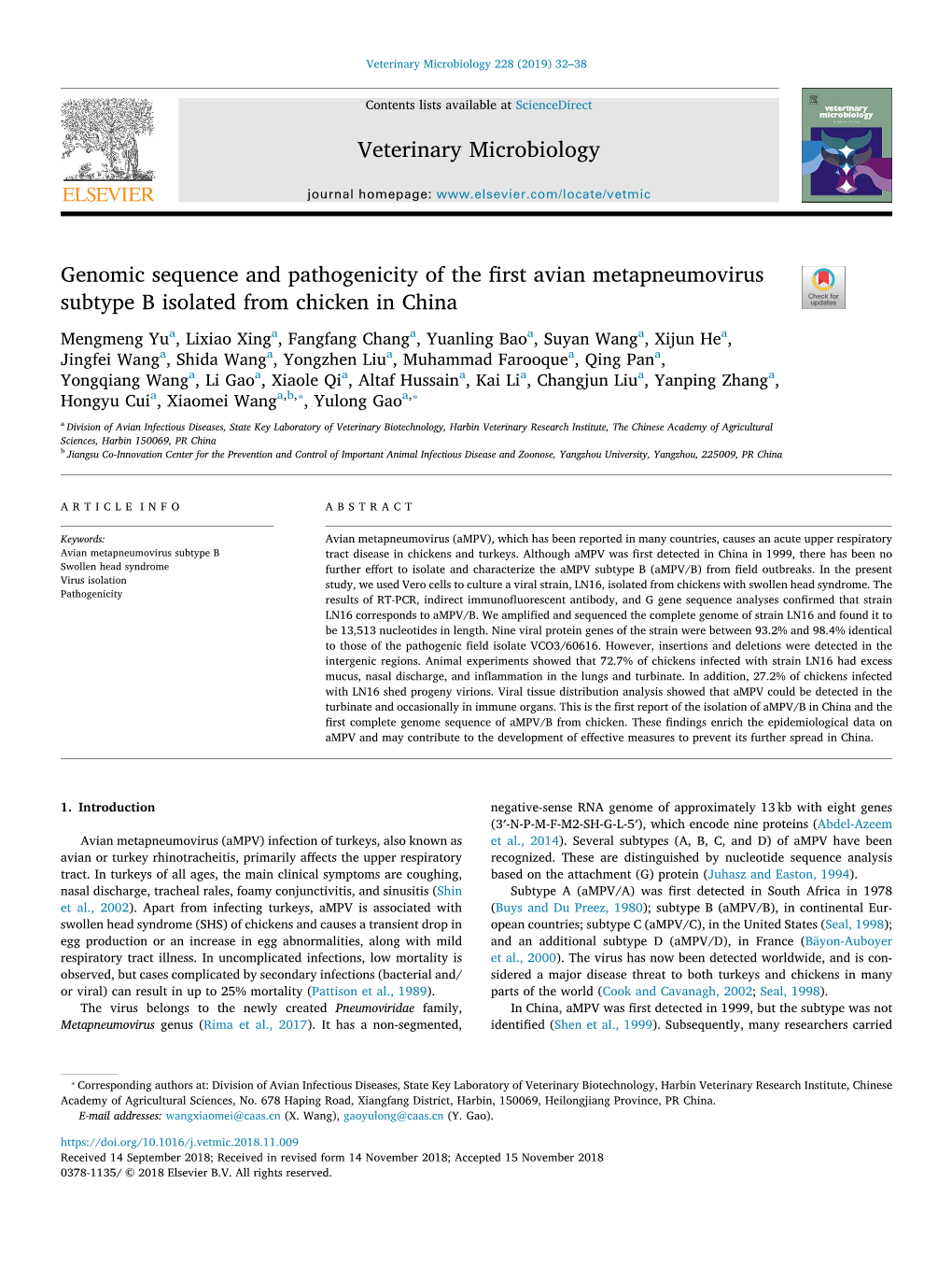 Genomic Sequence and Pathogenicity of the First Avian Metapneumovirus