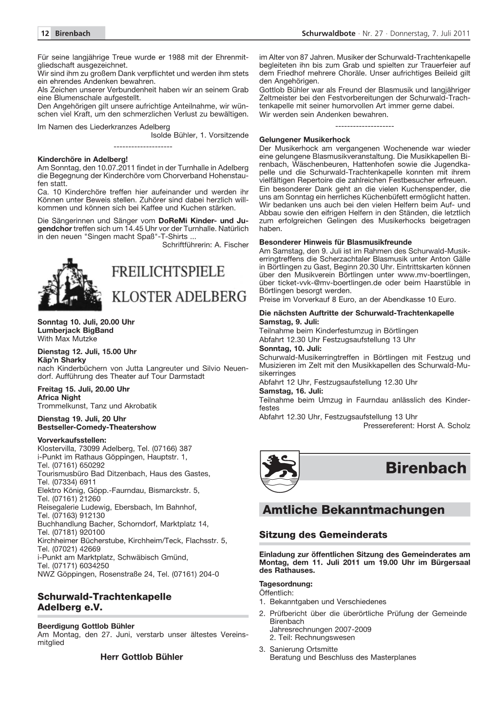 Gemeinde Birenbach Beerdigung Gottlob Bühler Jahresrechnungen 2007-2009 Am Montag, Den 27
