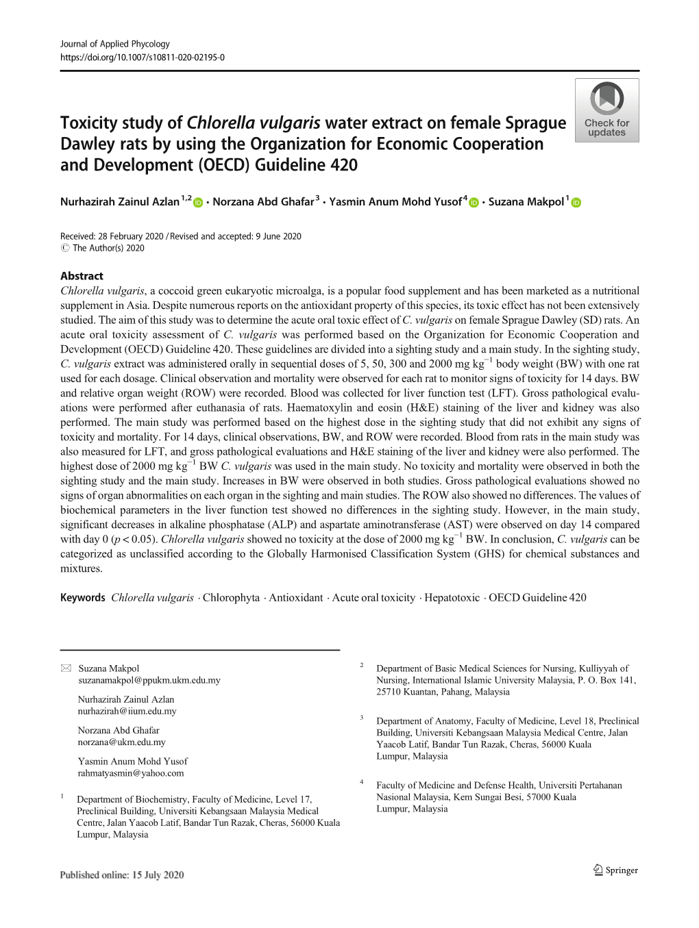 Toxicity Study of Chlorella Vulgaris Water Extract on Female Sprague