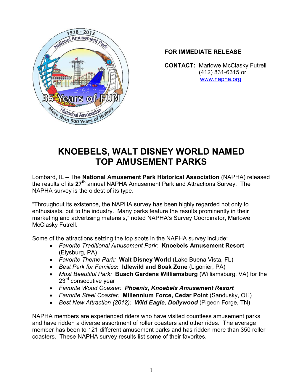 Knoebels, Walt Disney World Named Top Amusement Parks