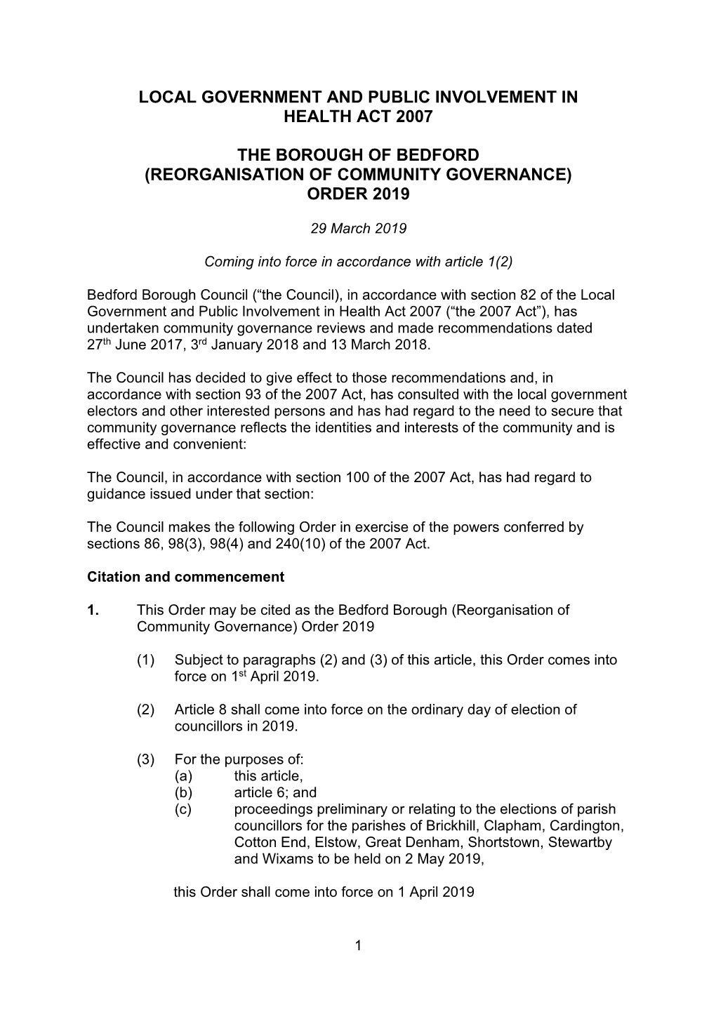 The Borough of Bedford (Reorganisation of Community Governance) Order 2019