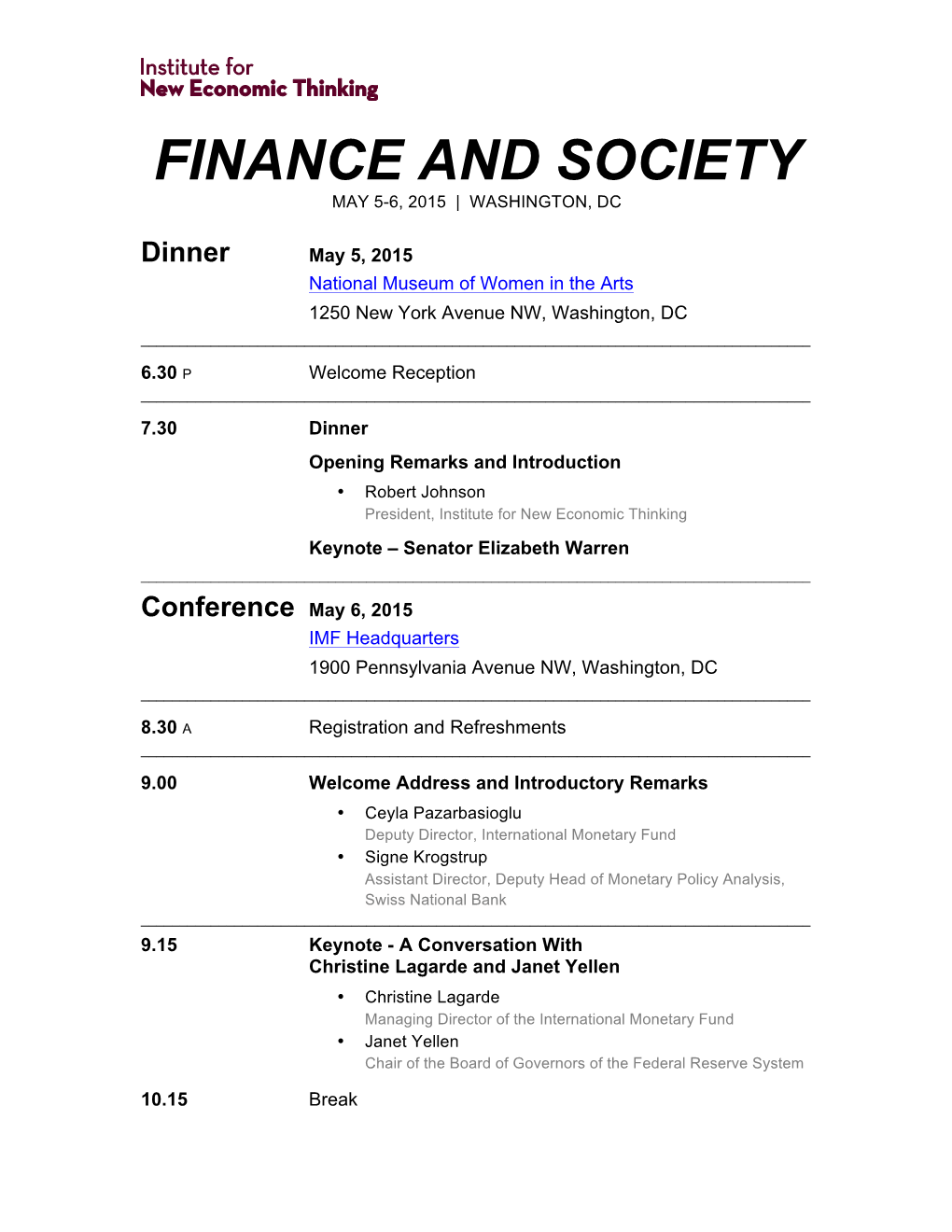 Finance and Society May 5-6, 2015 | Washington, Dc