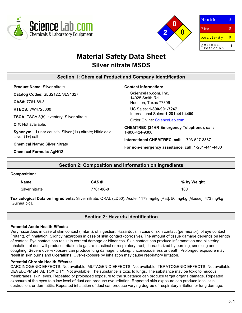 Material Safety Data Sheet Silver Nitrate MSDS