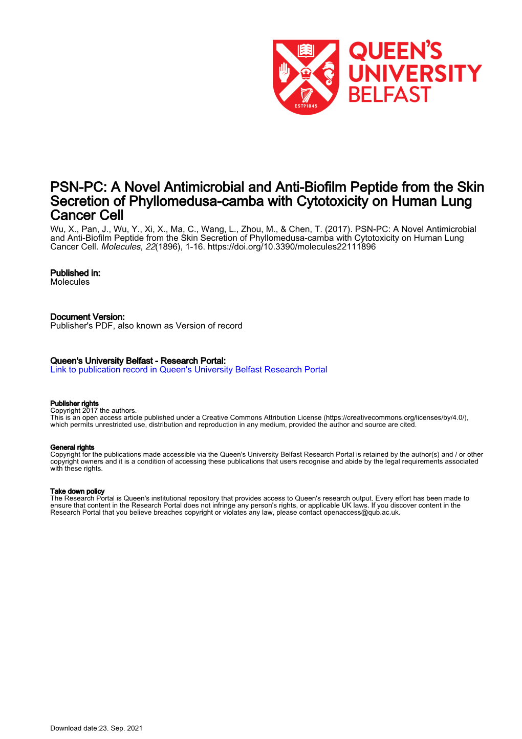 PSN-PC: a Novel Antimicrobial and Anti-Biofilm Peptide from the Skin