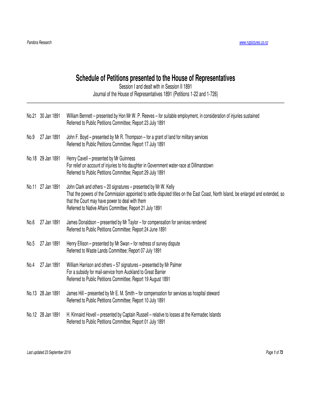 Schedule of Petitions Presented to the House of Representatives