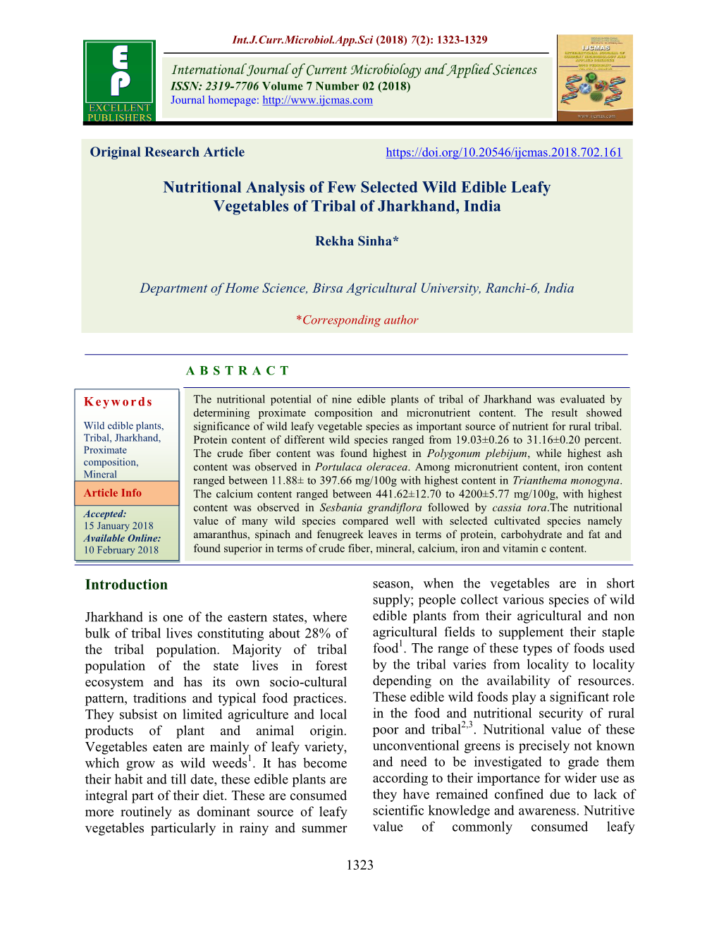 Nutritional Analysis of Few Selected Wild Edible Leafy Vegetables of Tribal of Jharkhand, India