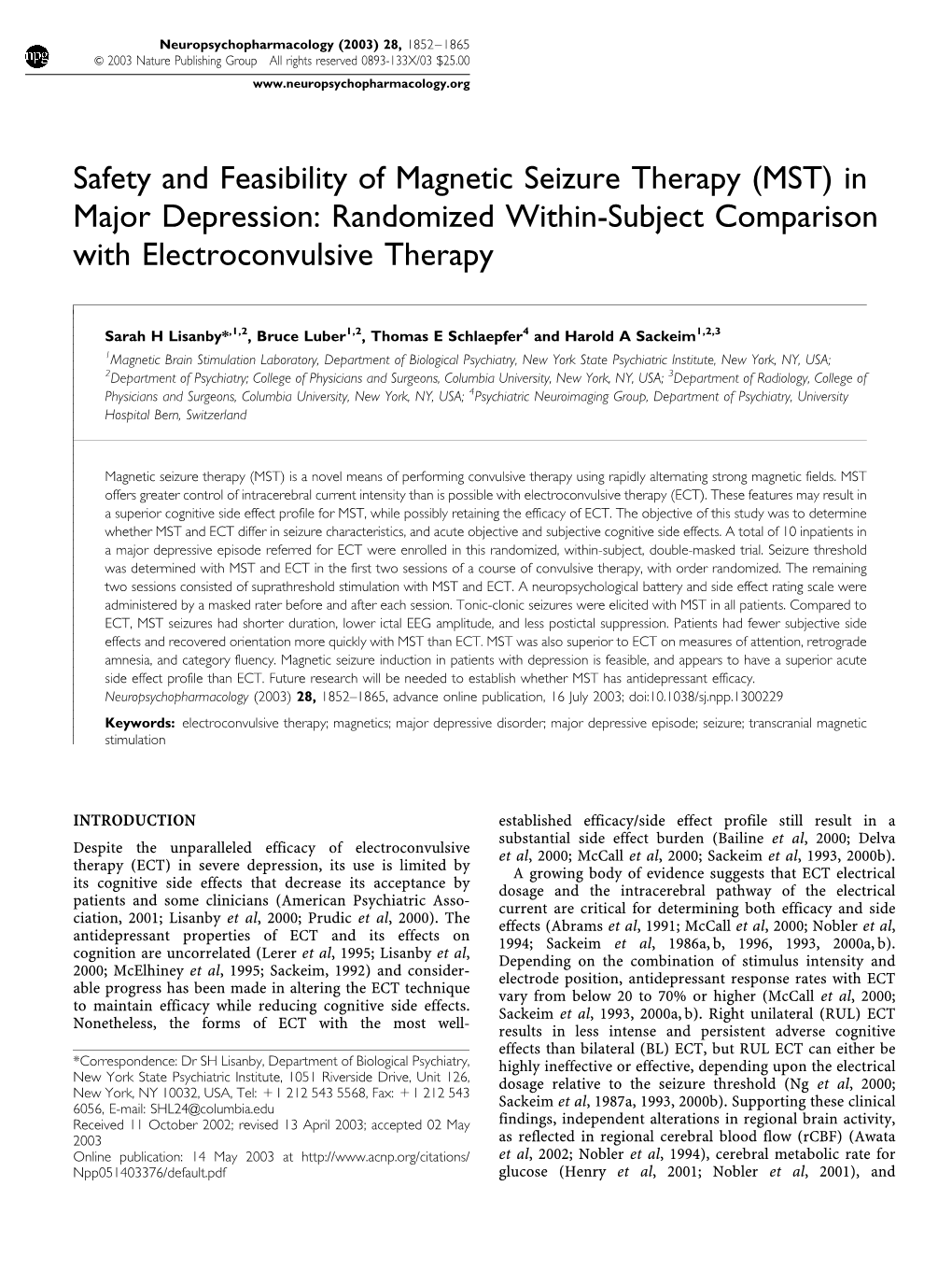 Safety and Feasibility of Magnetic Seizure Therapy (MST) in Major Depression: Randomized Within-Subject Comparison with Electroconvulsive Therapy