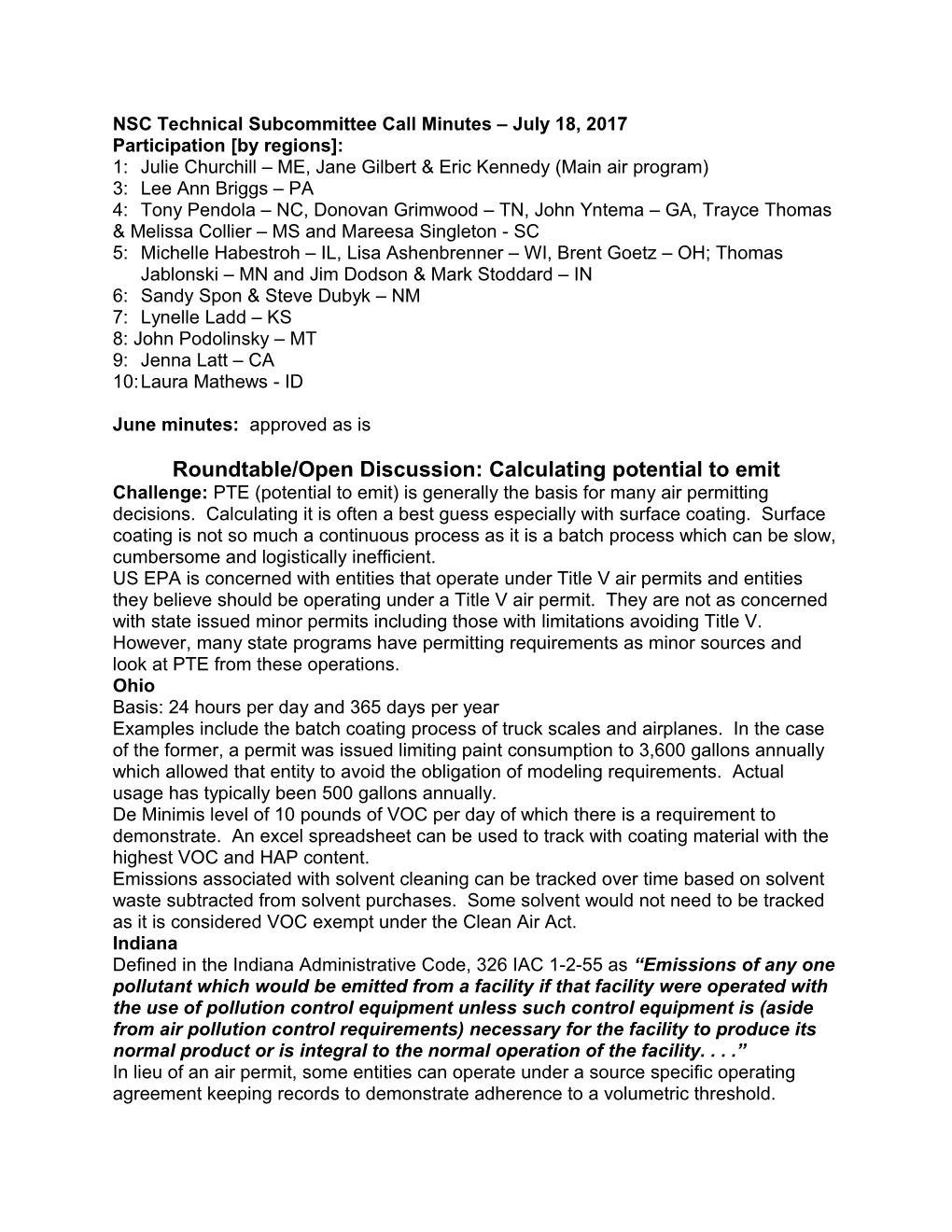 NSC Technical Subcommittee Call Minutes July 18, 2017