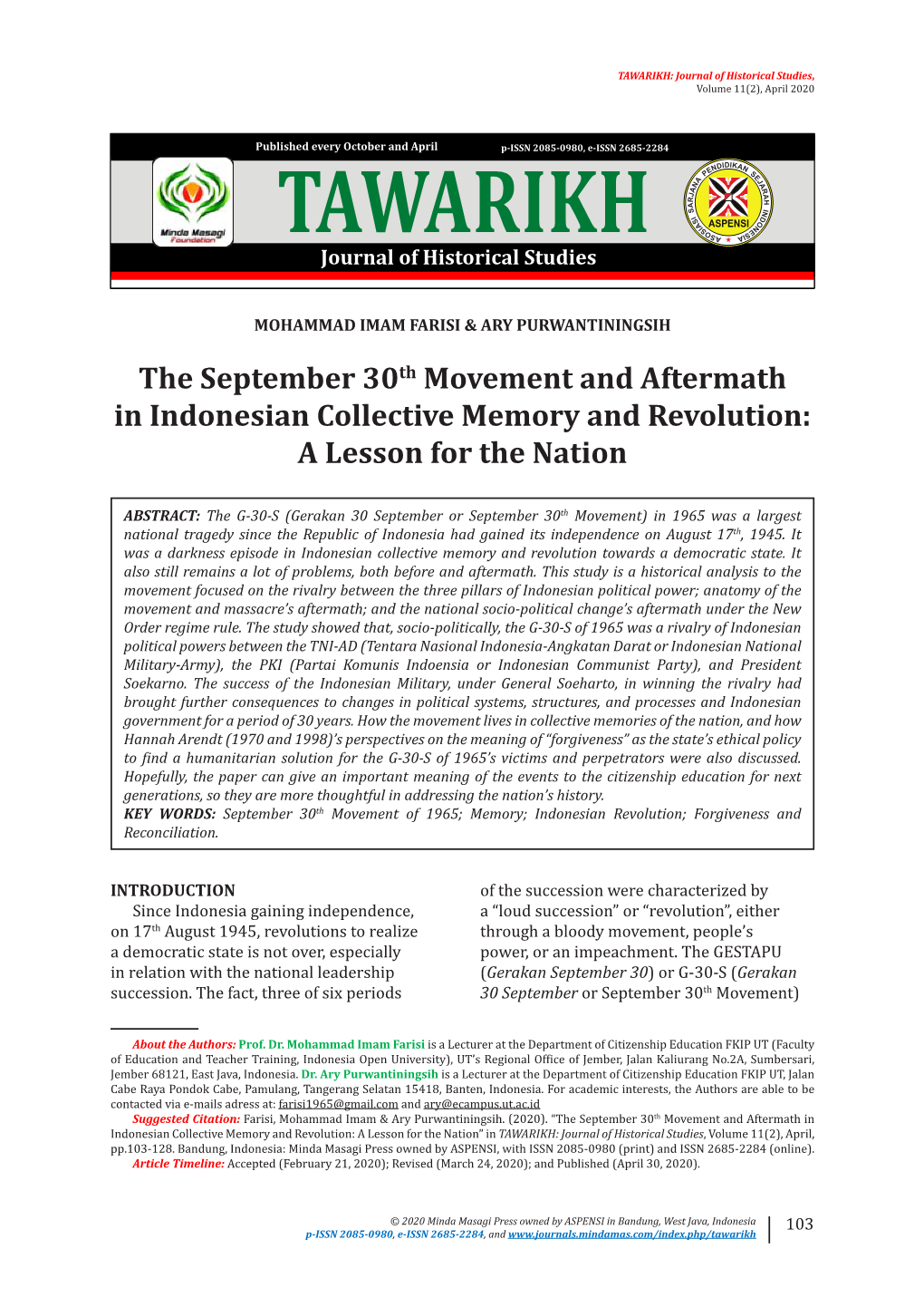 The September 30Th Movement and Aftermath in Indonesian Collective Memory and Revolution: a Lesson for the Nation