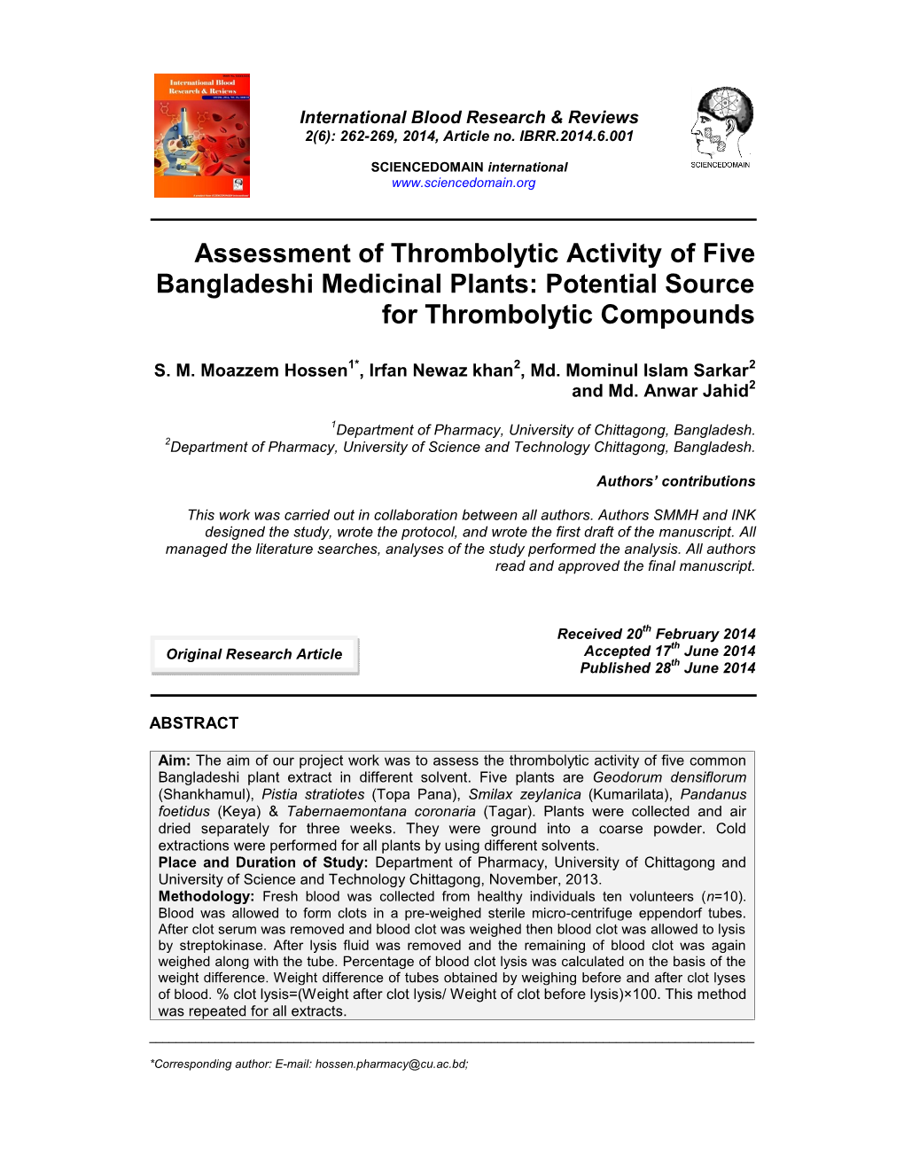 Assessment of Thrombolytic Activity of Five Bangladeshi Medicinal Plants: Potential Source for Thrombolytic Compounds