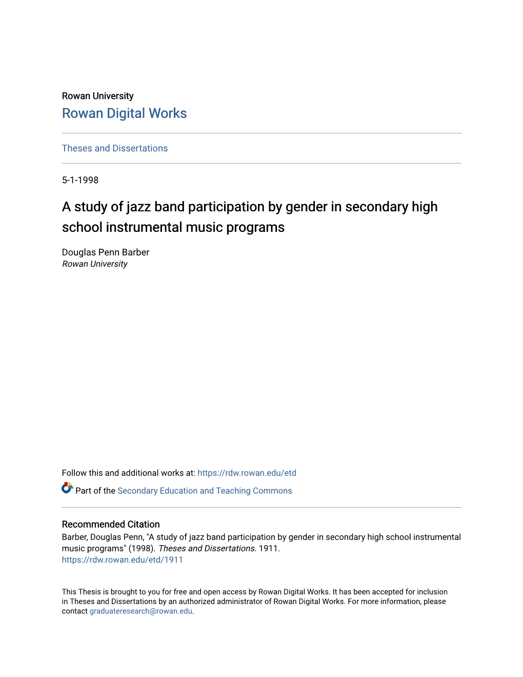 A Study of Jazz Band Participation by Gender in Secondary High School Instrumental Music Programs