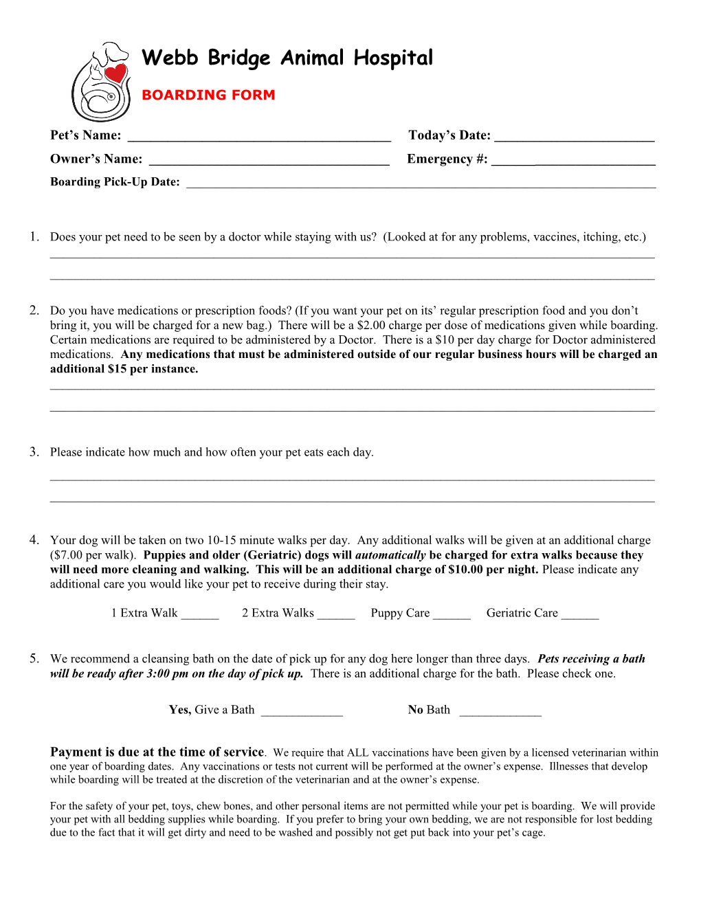 Webb Bridge Animal Hospital Boarding Form