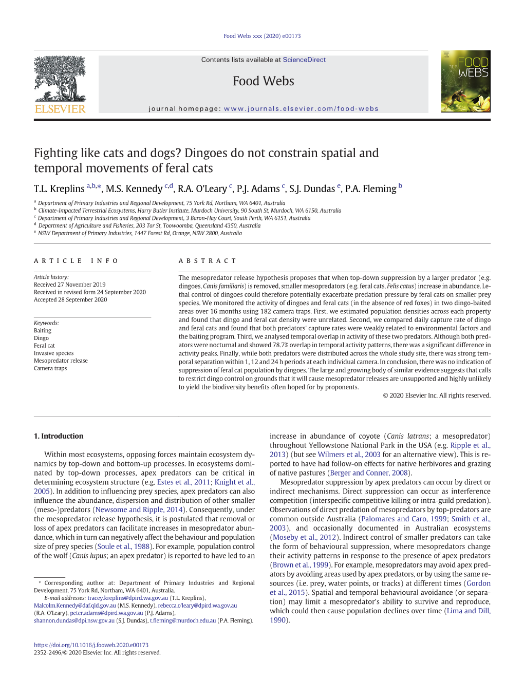 Dingoes Do Not Constrain Spatial and Temporal Movements of Feral Cats