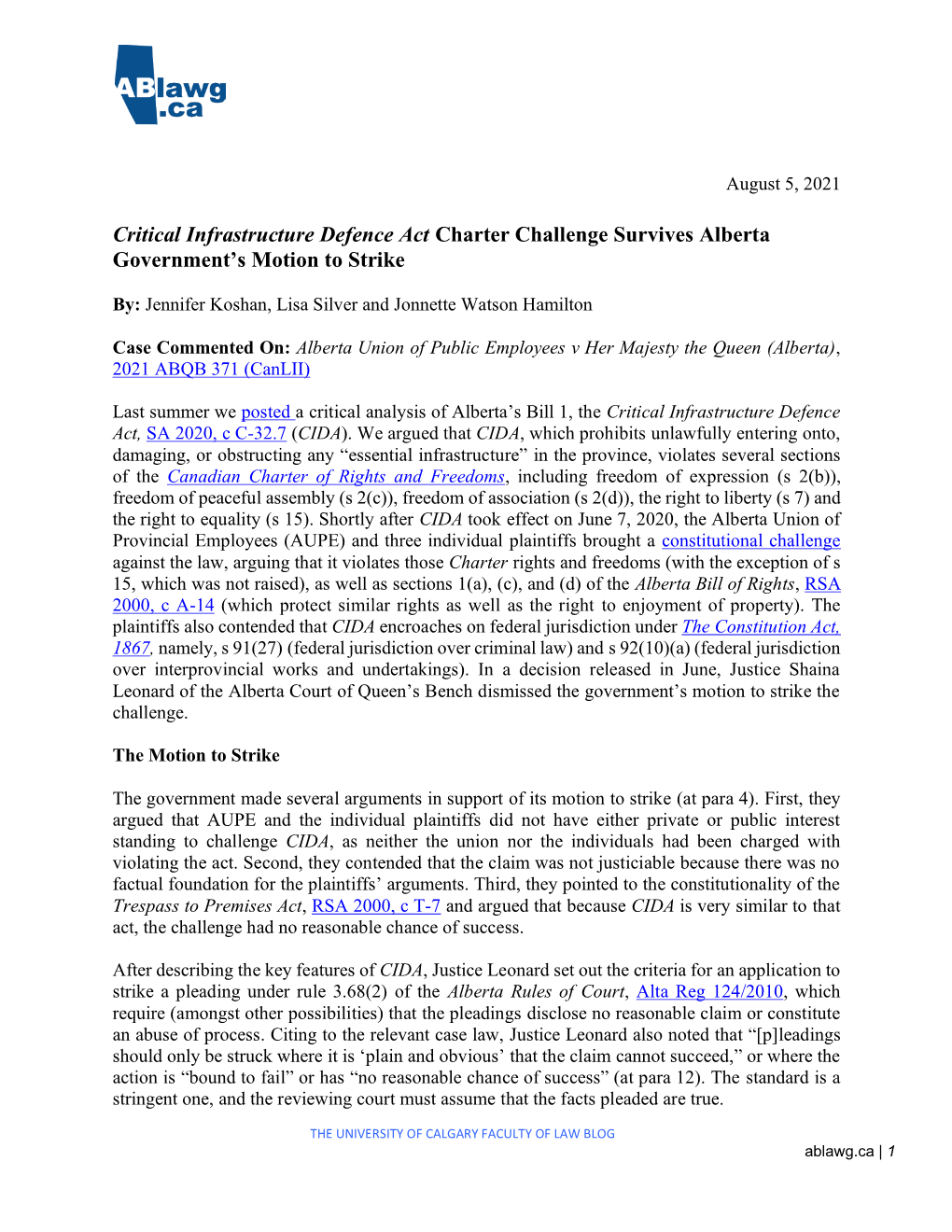 Critical Infrastructure Defence Act Charter Challenge Survives Alberta Government’S Motion to Strike