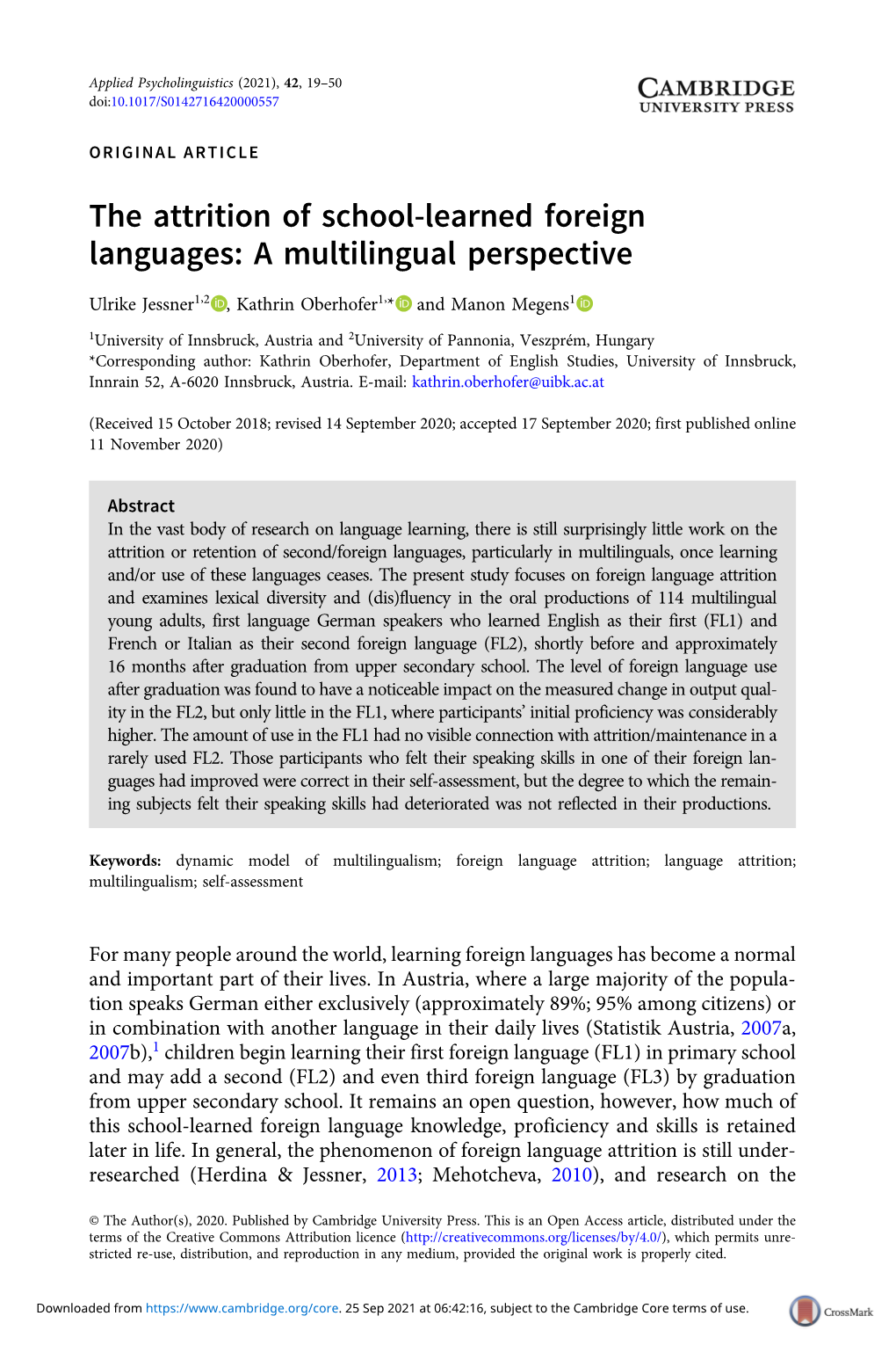 The Attrition of School-Learned Foreign Languages: a Multilingual Perspective