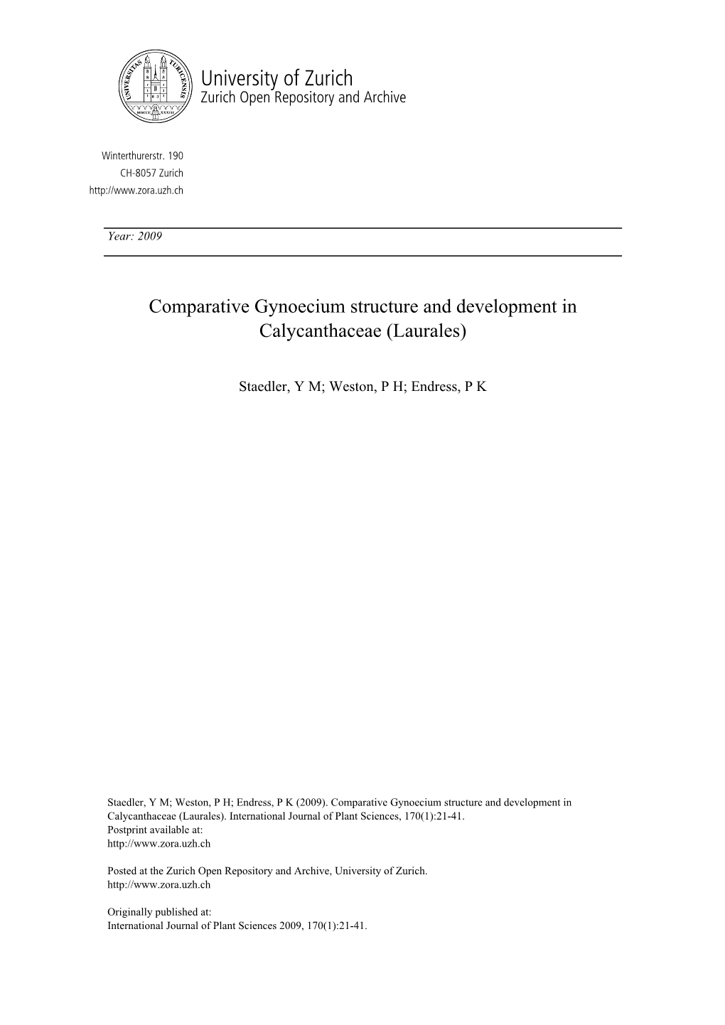 Comparative Gynoecium Structure and Development in Calycanthaceae (Laurales)