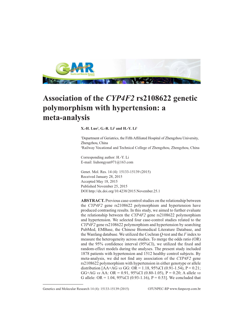 Association of the CYP4F2 Rs2108622 Genetic Polymorphism with Hypertension: a Meta-Analysis
