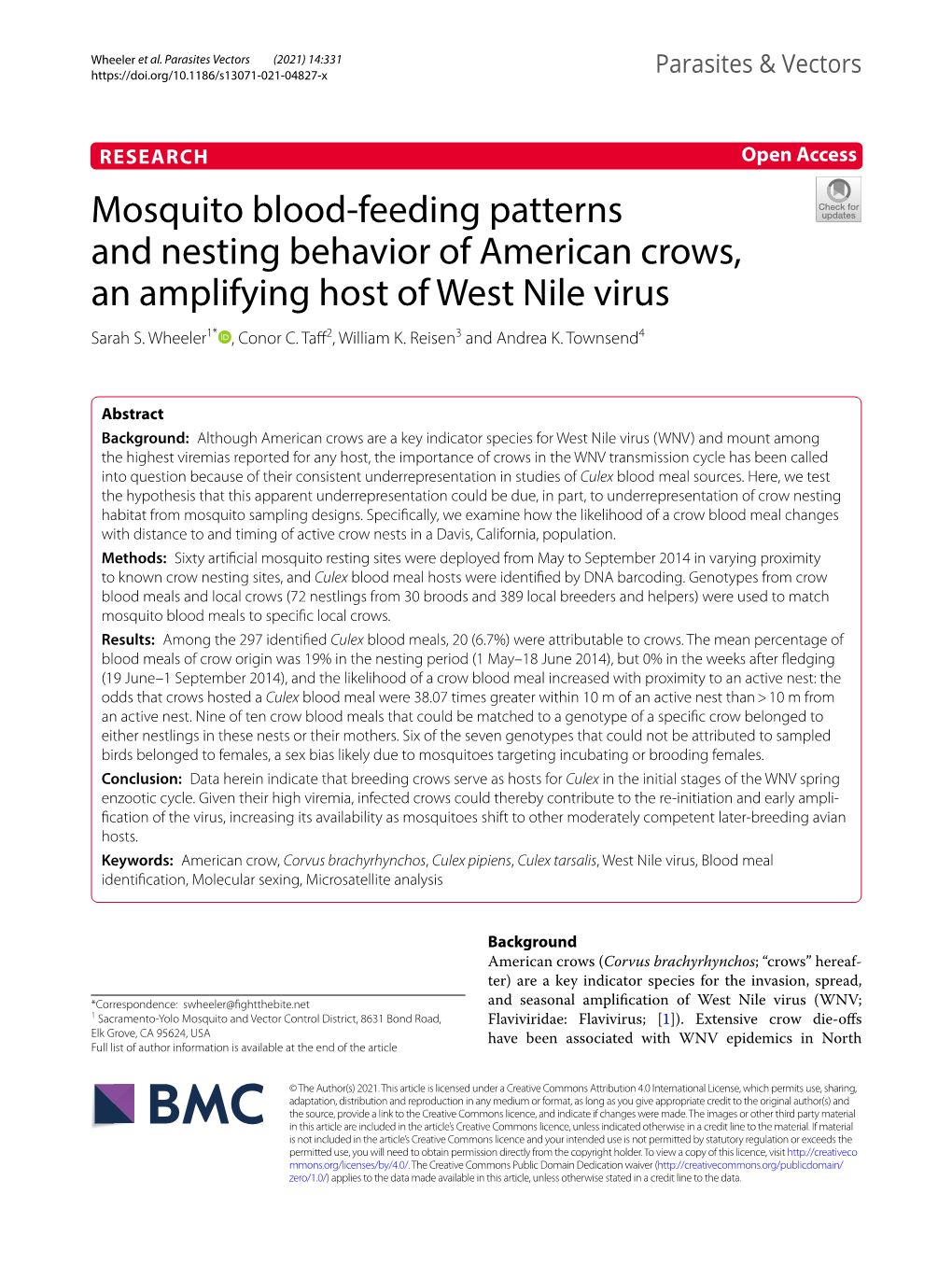 Mosquito Blood-Feeding Patterns and Nesting Behavior of American Crows