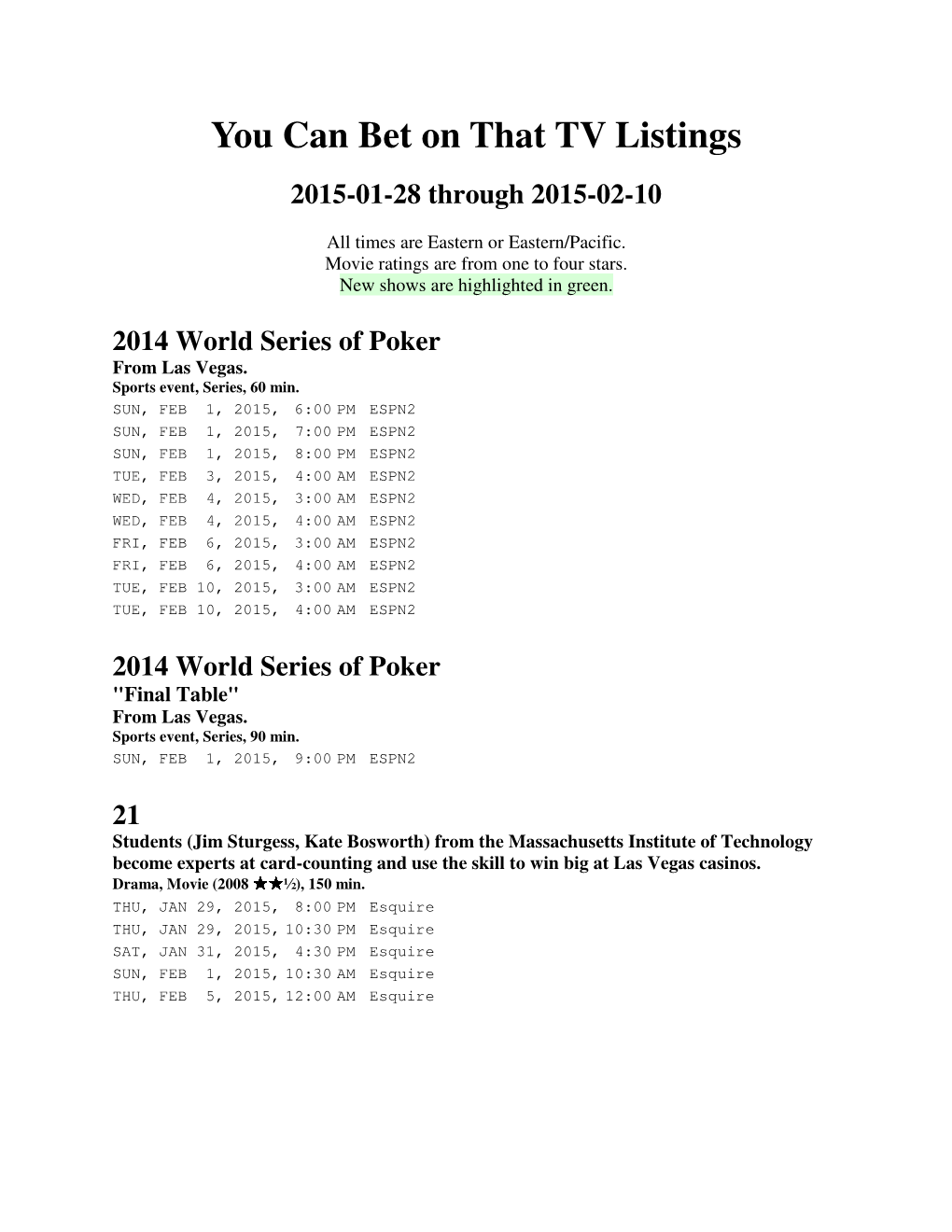 You Can Bet on That TV Listings 2015-01-28 Through 2015-02-10