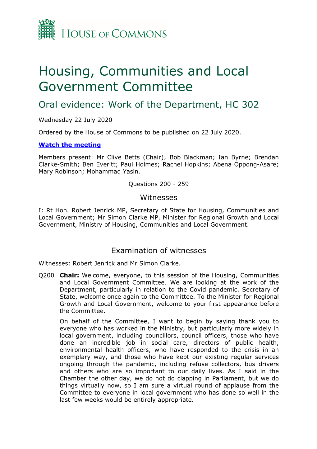 Housing, Communities and Local Government Committee Oral Evidence: Work of the Department, HC 302