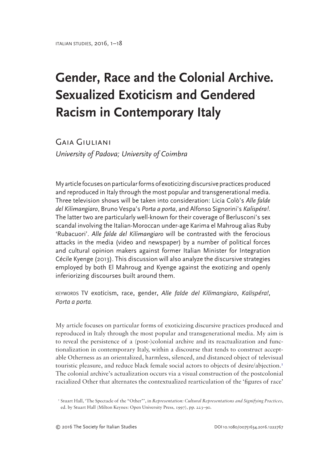 Gender, Race and the Colonial Archive. Sexualized Exoticism and Gendered Racism in Contemporary Italy