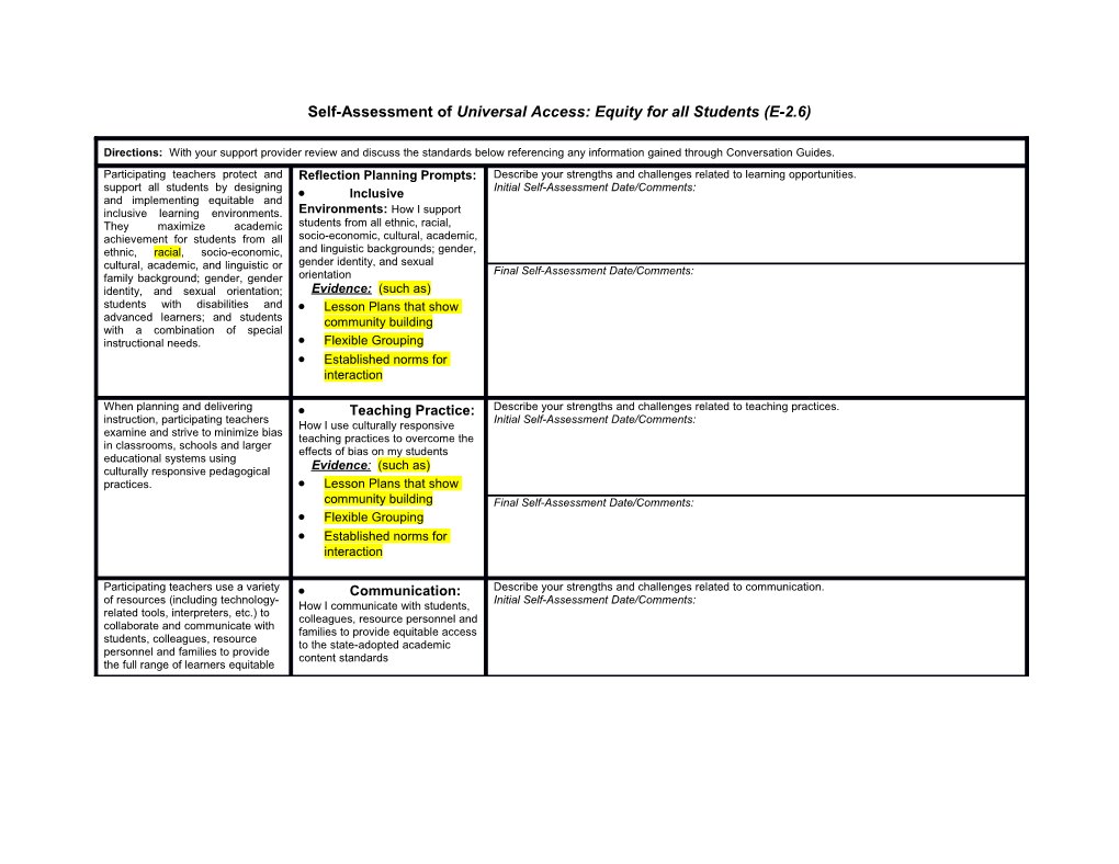 Self-Assessment of Universal Access: Equity for All Students (E-2.6)