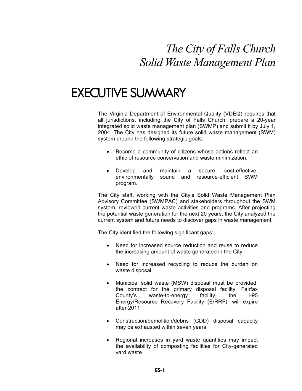 Solid Waste Management Plan Executive Summary